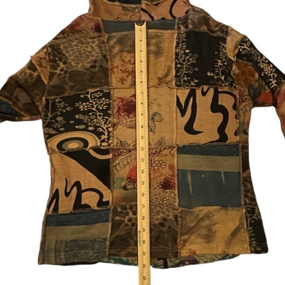 Boho Hoodie Patchwork Hooded Cardigan Cotton Zip Sweater Exposed Seam Earthtones - Picture 10 of 16